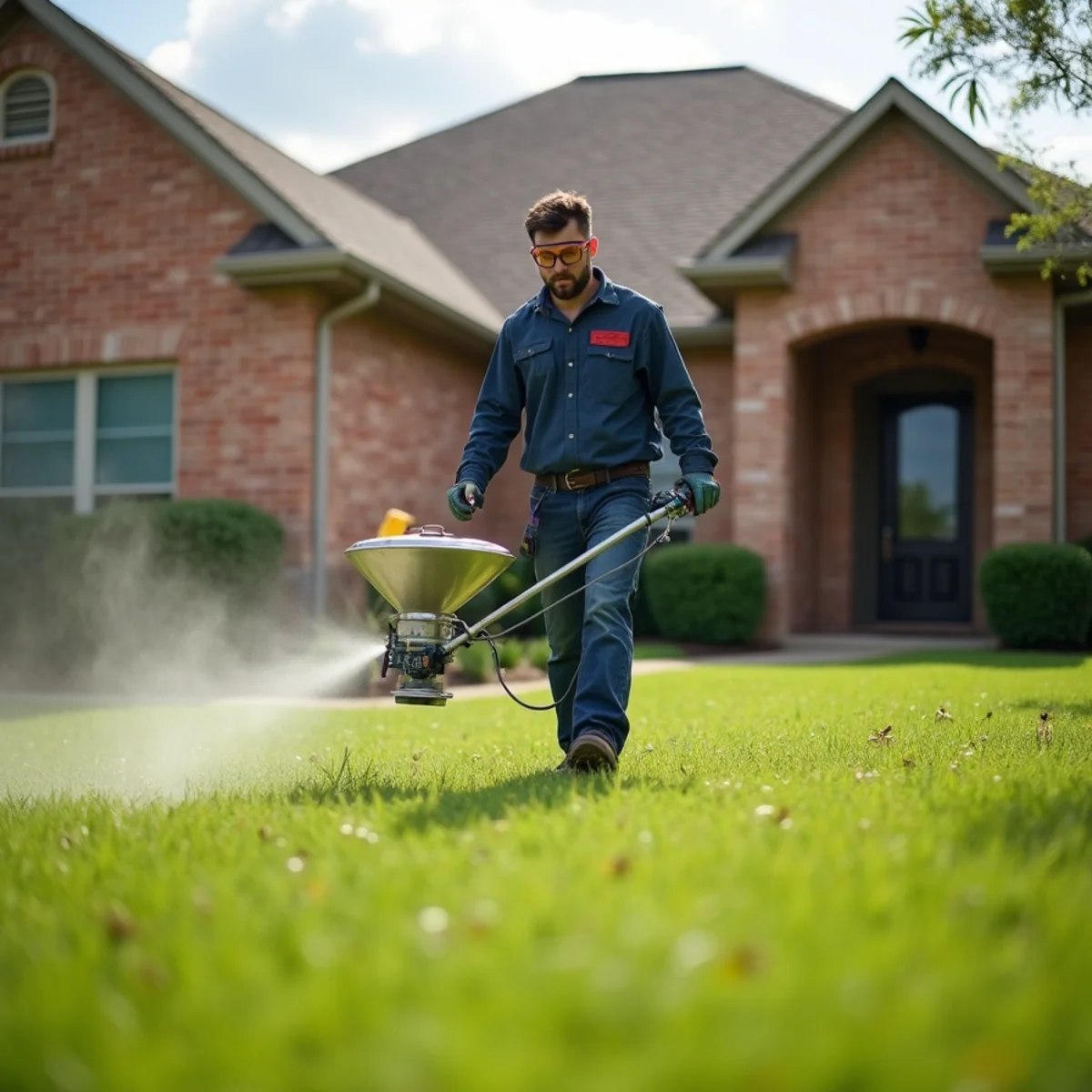 Pest control specialist treating fire ant mound on residential lawn in Harris County Texas