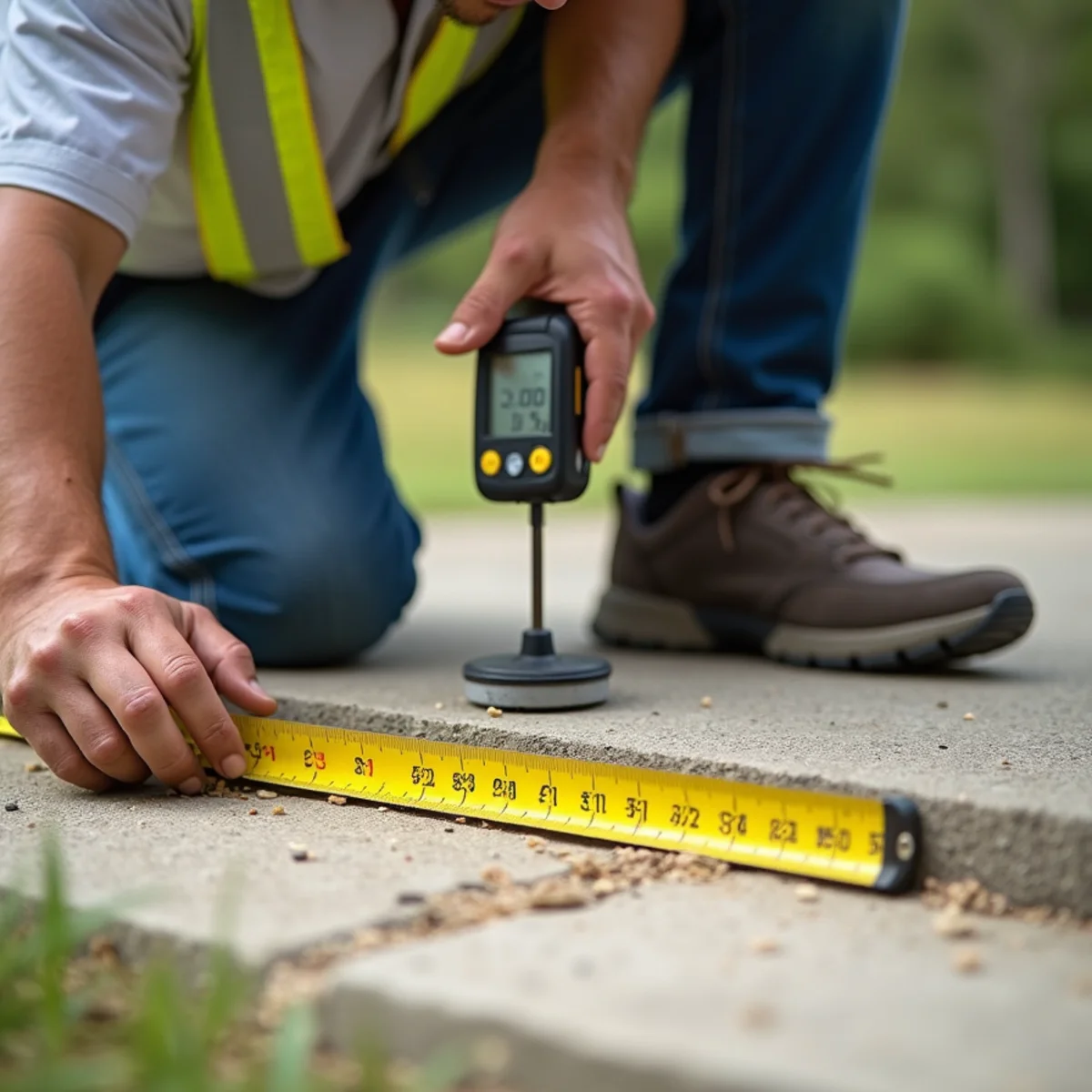 Technician measuring perimeter slab linear footage with digital wheel measuring tool