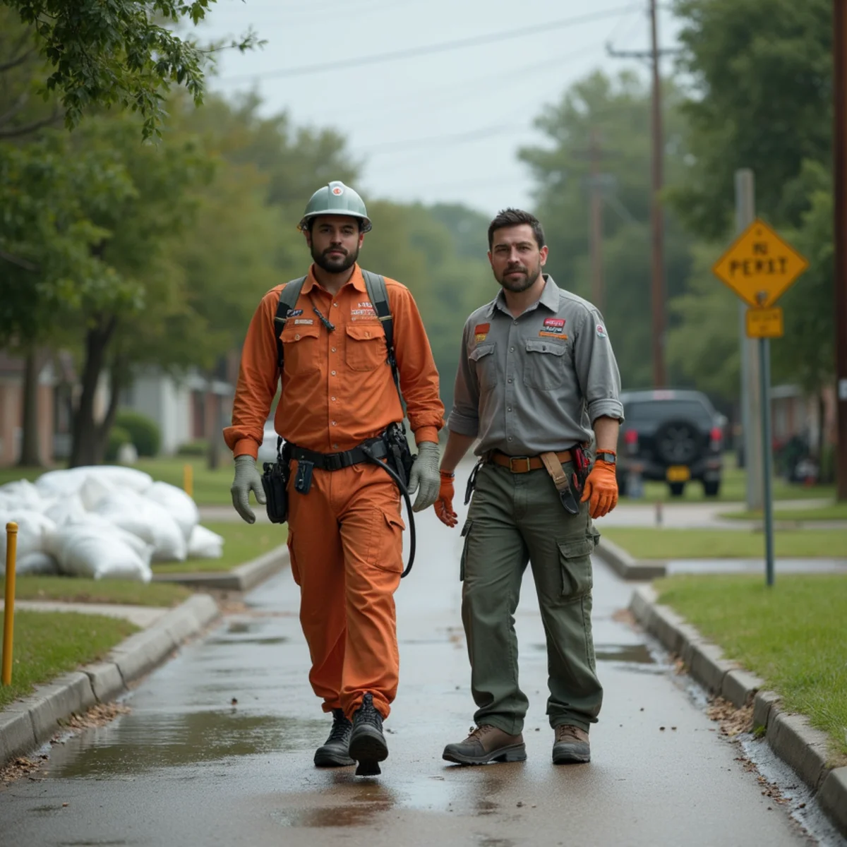 Floodwaters receding along a wooded Northeast Houston residential street