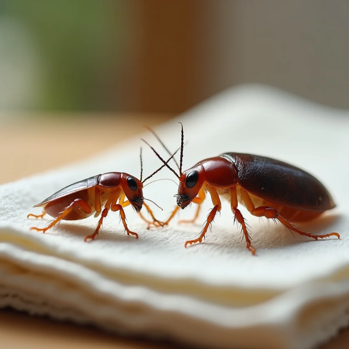 Detailed macro comparison of German cockroach size and stripes versus large American tree roach