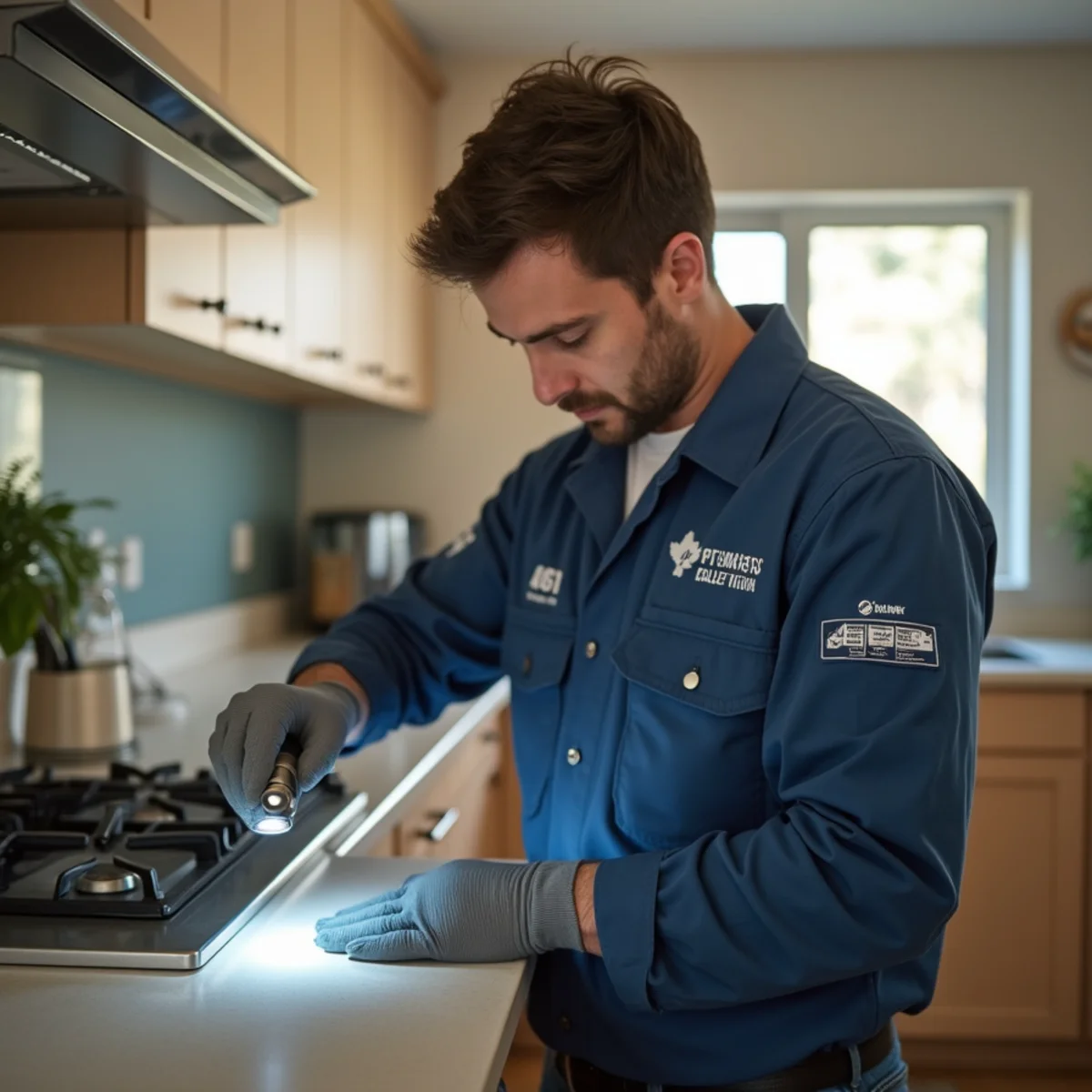 Exterminator applying precision cockroach gel bait inside kitchen cabinetry in Humble Texas home