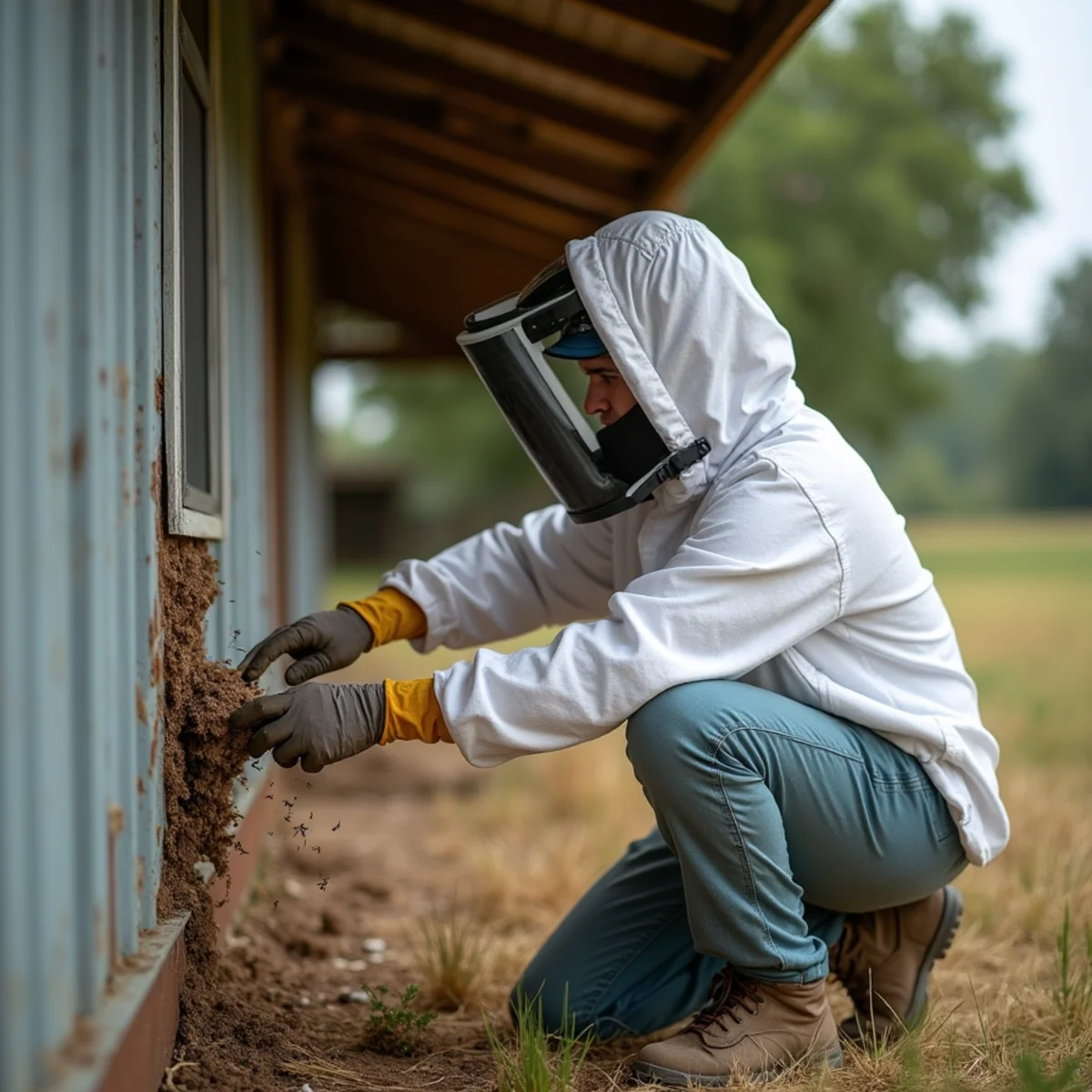 Removing large paper wasp nest from residential porch overhang in New Caney homestead